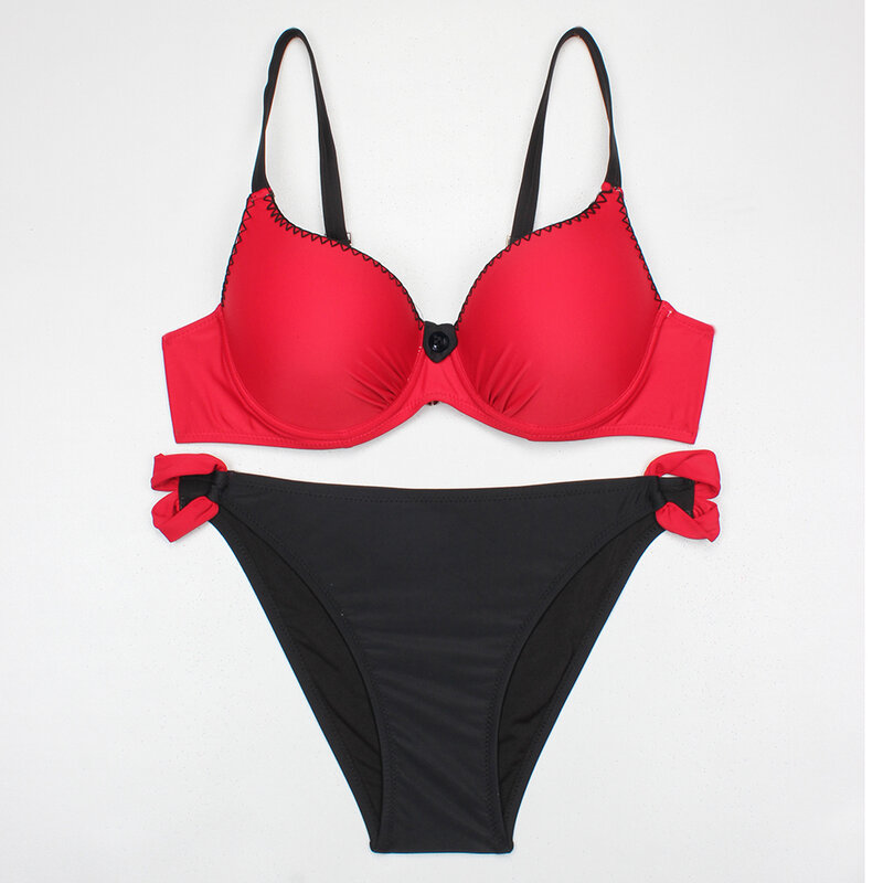 ESSV-bañador rojo de realce, conjunto de bikini de talla grande para mujer, traje de baño sexy acolchado con correa ajustable, bikinis bordeados, ropa de baño de verano