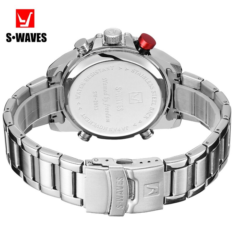 SWAVES Brand Dual Display Watches Men Wach Quartz Sport Waterproof Digital Watch Big Clock Stainless Steel Relogio Masculino