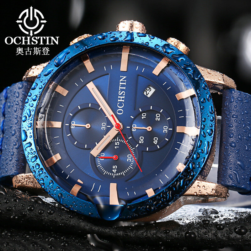 Esportes relógios masculinos marca de luxo moda 2018 à prova dwaterproof água cronógrafo quartzo relógio de pulso masculino couro azul relógio relogio masculino