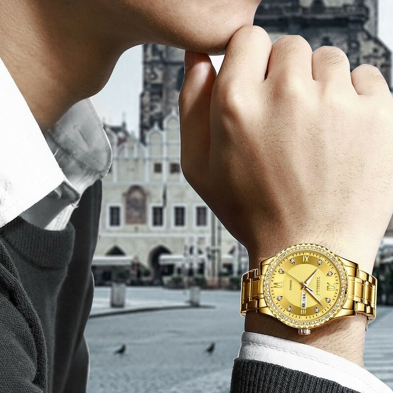 Tisselly 시계 탑 브랜드 럭셔리 골드 다이아몬드 남성 시계 빛나는 스틸 팔찌 시계 밴드 날짜 남성 시계 비즈니스 손목 시계
