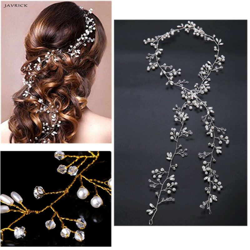 Luxury Wedding Bridal Rhinestone Faux Pearl Floral Headband Tiara Hair Chian Headpiece Women Jewelry Accessories