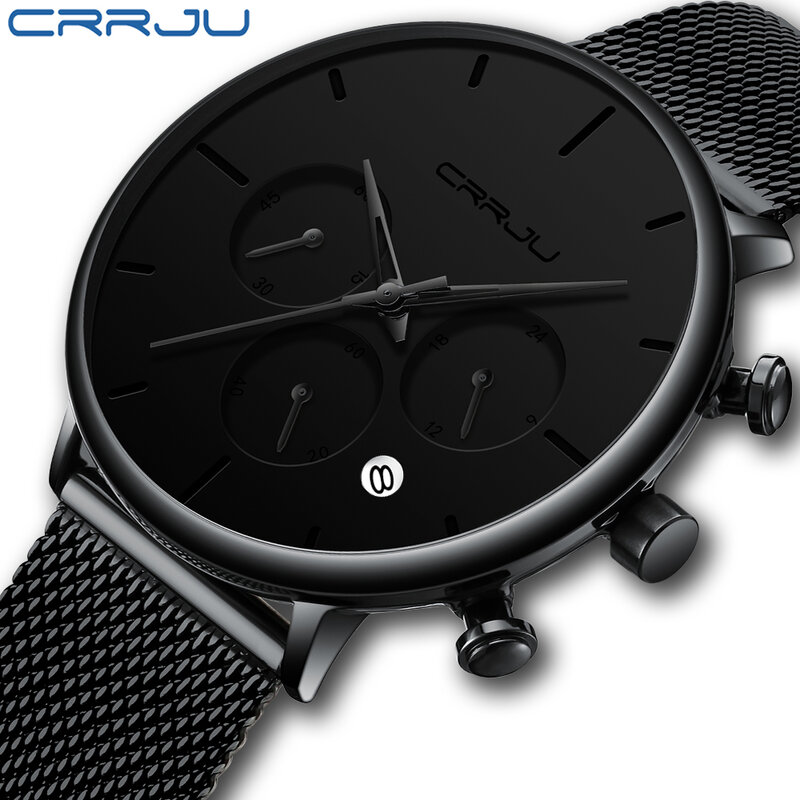 Crrju relógio masculino de luxo, relógio minimalista à prova d'água em aço inoxidável com pulseira de malha casual com cronógrafo 24 horas