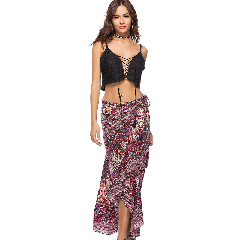 Summer new elegant casual bohemian seaside holiday printing lace-up women's skirt irregular skirt