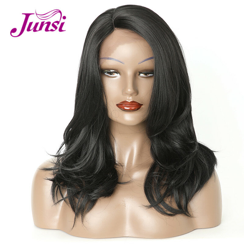 JUNSI Kurze Bob Wellenförmige Spitze Front Synthetische Perücken Schwarze Perücke Mit Wärme Beständig Haar für Frauen Perücke