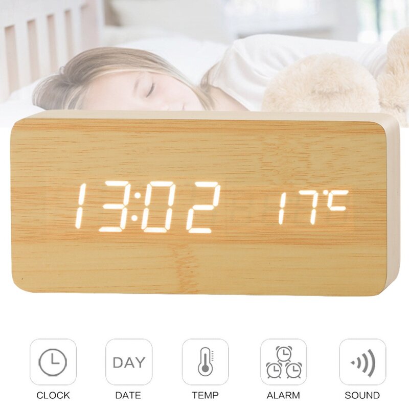JINSUN sveglia a LED ora/data/temperatura orologi da tavolo digitali in legno di bambù con Display a LED orologi da tavolo digitali da tavolo