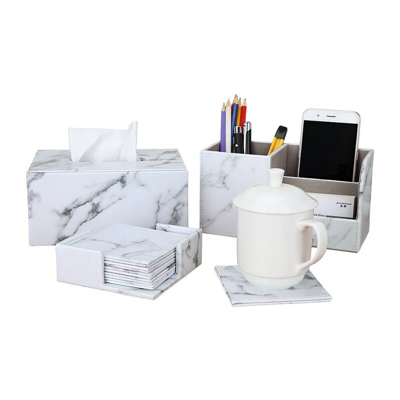 Material de escritório conjuntos organizador de mesa de couro do plutônio de mármore caneta titular caixa de armazenamento tecido copo coaster 3 pçs/set nova chegada