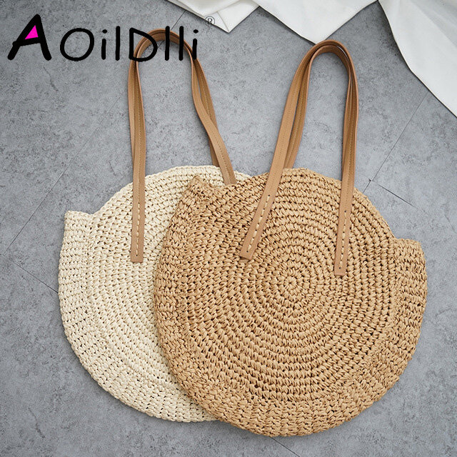 Bolso de playa de paja para mujer, bolsa de rafia tejida a mano de estilo bohemio e informal y con diseño redondo para el verano