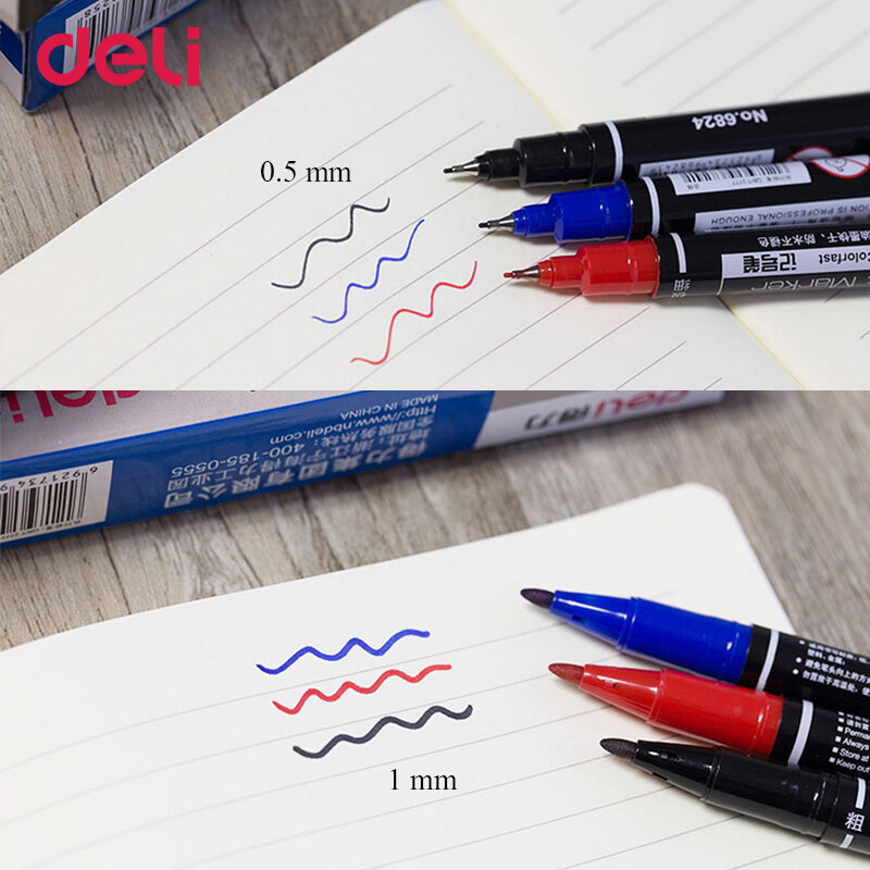 Deli 3 stuks gekleurde dual tip snelle droge permanente olie marker pennen voor stof banden kwaliteit waterdichte fijne punt sharpie voor tekening
