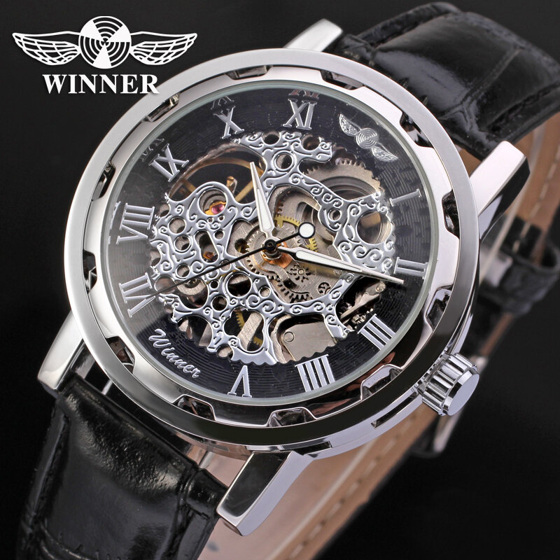 Pemenang Steampunk Hollow Skeleton Mekanis Watch Pria Merek Mewah Bisnis Genuine Leather Steel Jam Tangan Clock Tahan Air