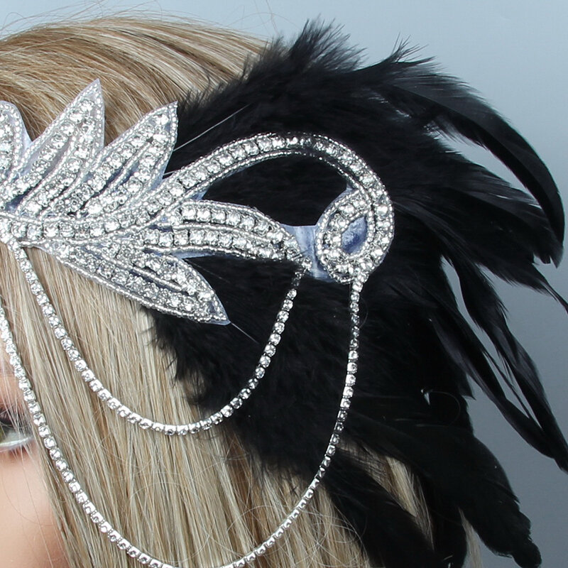 Diadema de plumas negras con cuentas de cristal para mujer, accesorios de boda, exquisita, para novia, JWH005