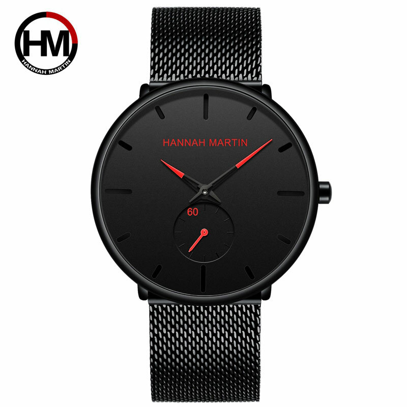 Hannah martin relógio de pulso masculino, casual, de quartzo, marca de luxo, à prova d'água, preto, aço inoxidável, 2019