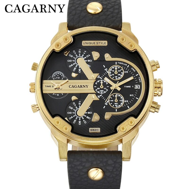 Luxe Cagarny Quartz Horloge Mannen Zwart Lederen Band Golden Case Dual Keer Militaire dz Relogio Masculino Casual Heren Horloges Man