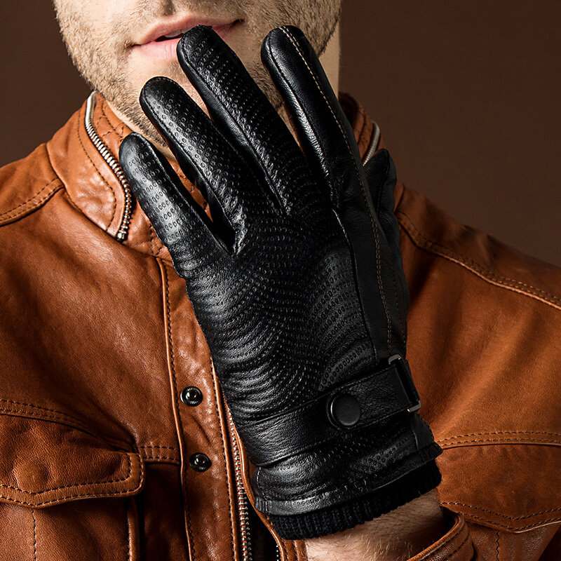 Autumn and Winter Fashion Men's Genuine Leather Gloves Goatskin Belt Button Male Black Plus Velvet Warm Driving Gloves