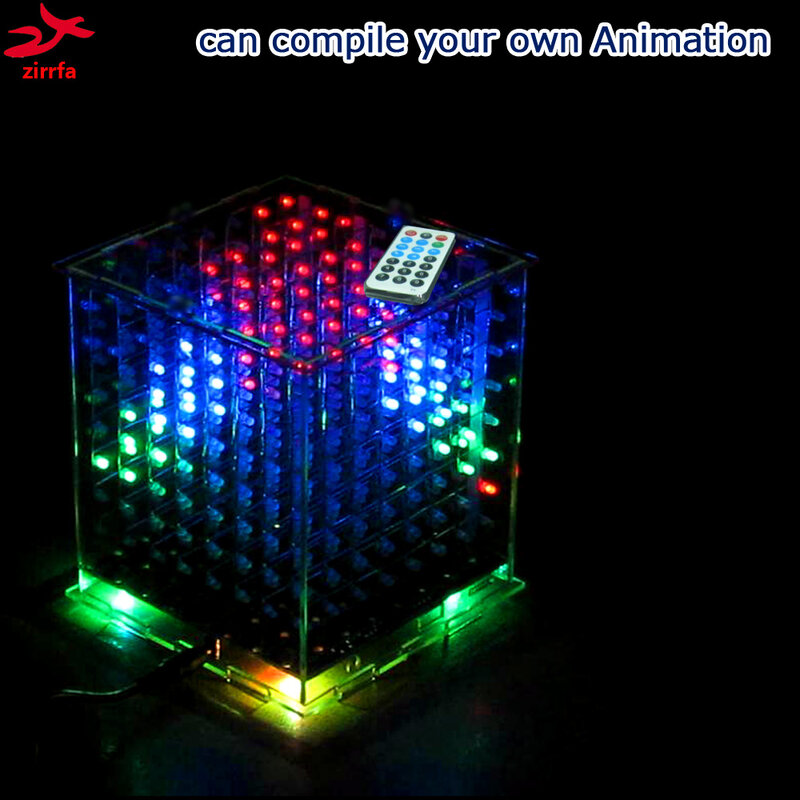 Zirrifa-mini cubos de led 3d8, kit diy multicolorido com excelente animação, 8x8x8, led, espectro de música, kit diy