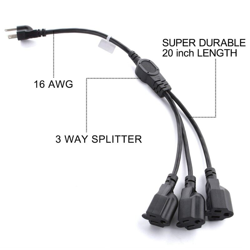 1-to-3 Splitter Cable Power Extension Cord 20 Inches(50CM) Cable Strip Outlet Saver-16AWG US Plug