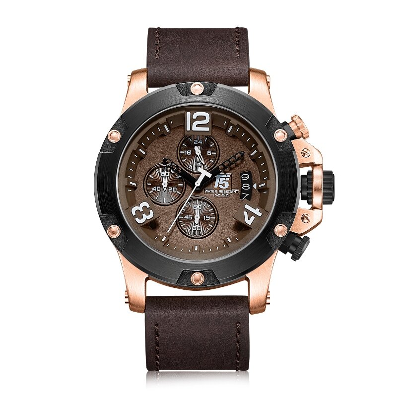 Ouro rosa pulseira de couro t5 luxo preto marca homem quartzo cronógrafo à prova dwaterproof água relógio masculino esporte relógios de pulso