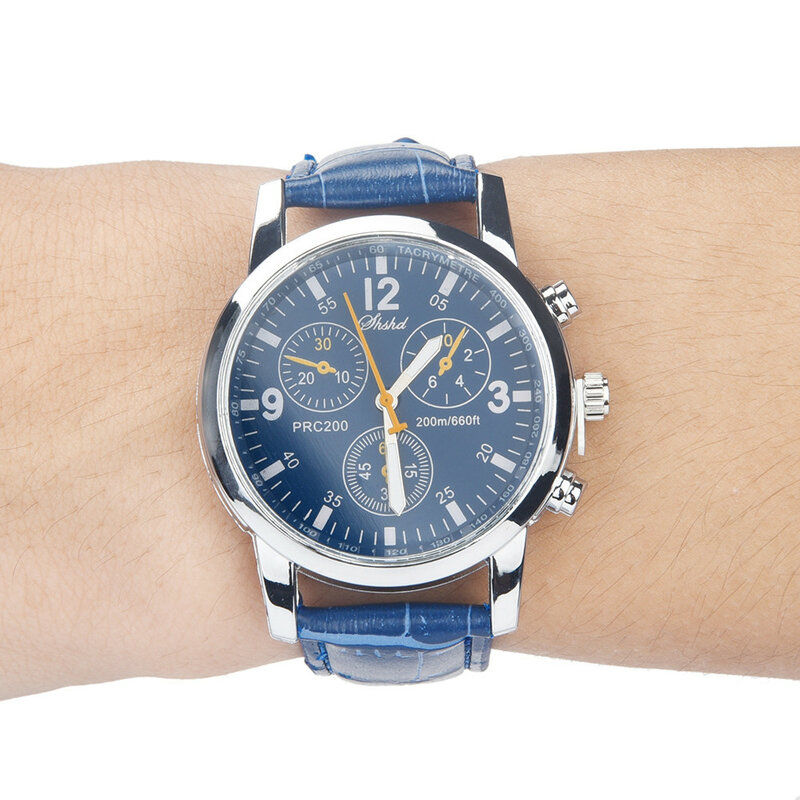 2019นาฬิกา Man Blue-Ray แก้วควอตซ์จำลองนาฬิกาข้อมือ Epidermal หนังนาฬิกาแบรนด์หรู Retro Design Relogios Masculino