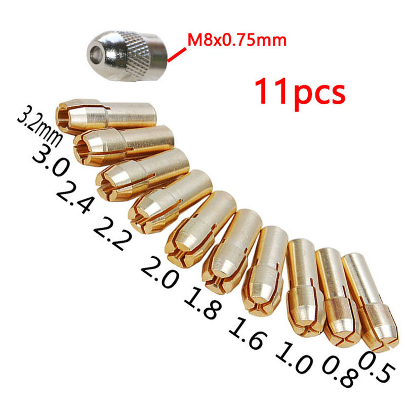 Mini mandrins de perceuse à pince en laiton Dremel 11 pièces, dont 0.5/0.8/1.0/1.6/1.8/2.0/2.2/2.4/3.0/3.2mm