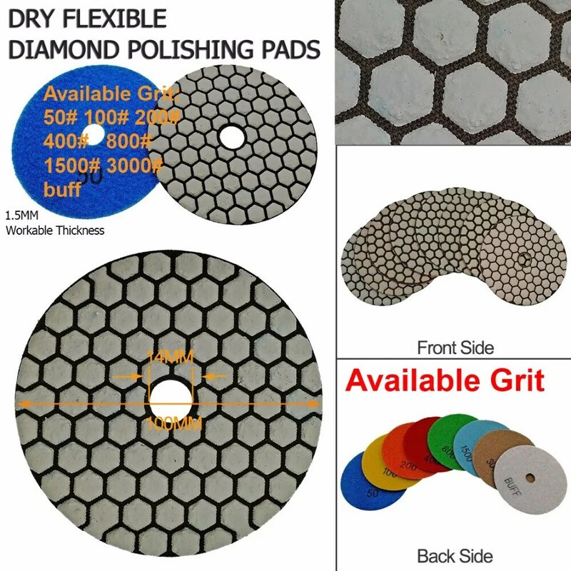 DIATOOL 6pcs 4"/100mm Grit #200 Diamond Dry Polishing Pad For Granite & Marble, Sanding Disk For Stone Working Without Water