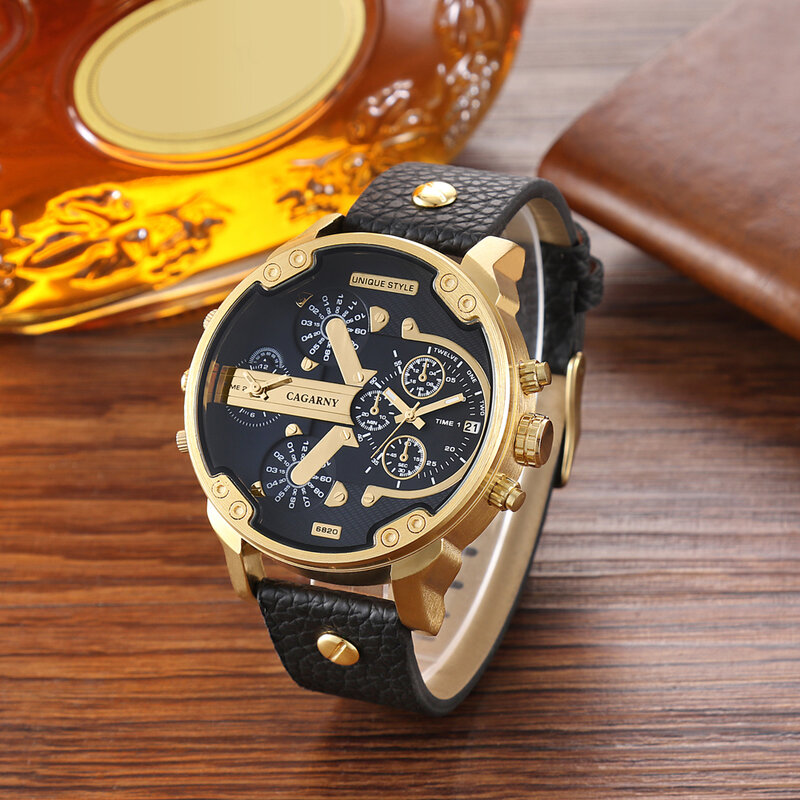 Luksusowy zegarek kwarcowy Cagarny mężczyźni czarny skórzany pasek złota koperta podwójny czas wojskowy dz Relogio Masculino Casual męskie zegarki człowiek