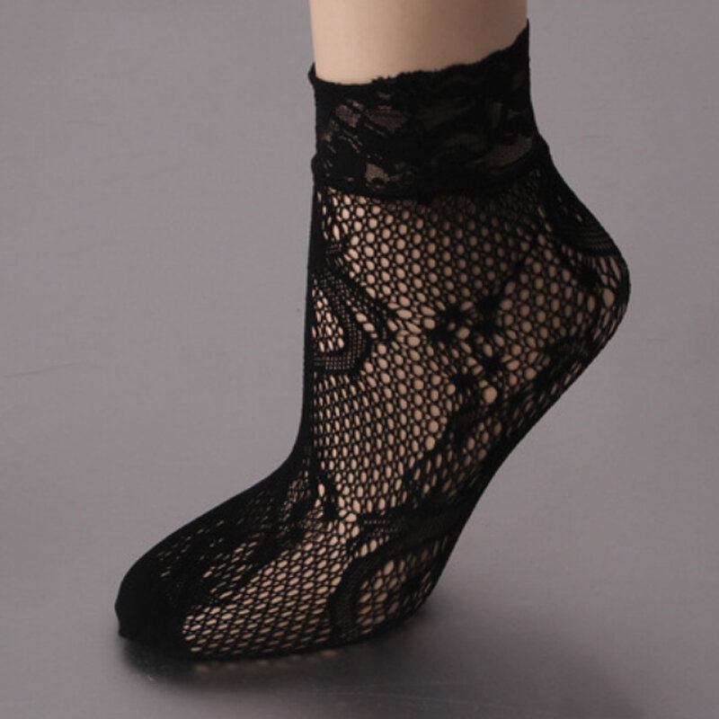 Calcetines tobilleros de malla con volantes de encaje para mujer, medias femeninas, elegantes y bonitas, a la moda, color negro, ultrafinas