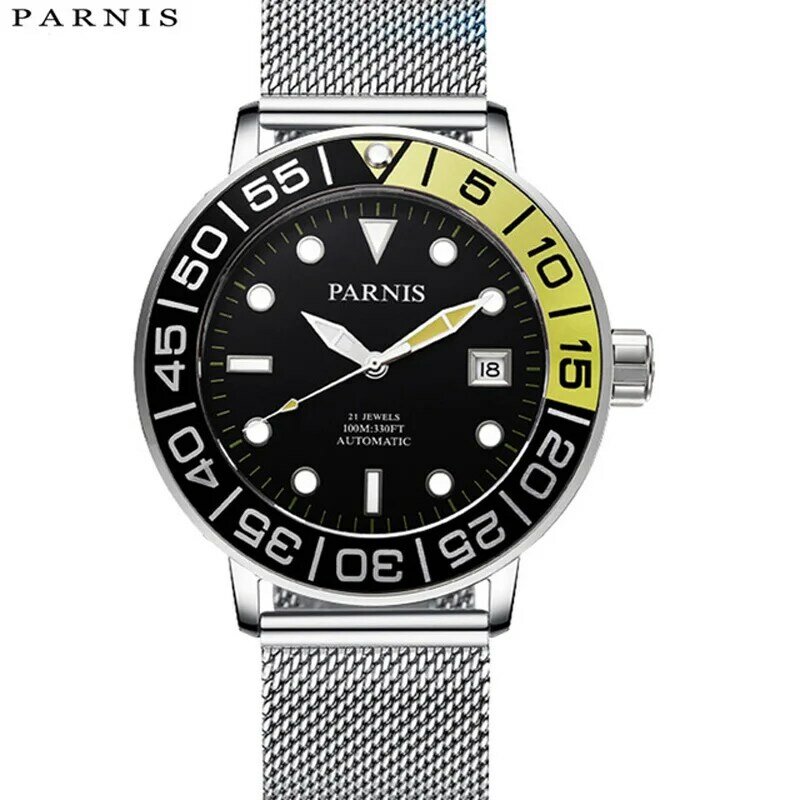 Parnis-Reloj Automático para Hombre, pulsera de malla de acero inoxidable, reloj mecánico luminoso, caja de 2020