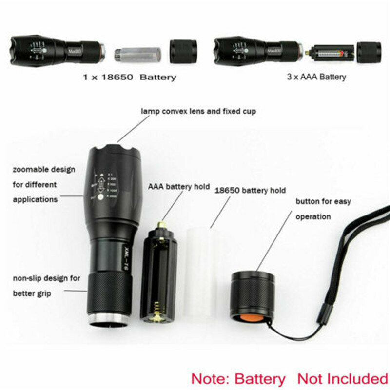 Outdoor Police LED Flashlight Tactical 50000LM Tactical LED T6 Zoomable Torch Lamp 5 Modes AAA