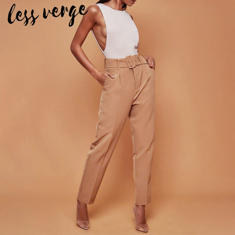 Lessverge-Pantalones con cinturón de Hebilla blanca para mujer, pantalón informal, holgado, para oficina, traje de cintura alta, banda de Color caramelo, ajustados