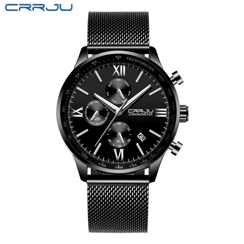 Top Luxury Brand CRRJU Men Chronograph waterproof Sports Quartz Watch steel mesh belt Men Leisure clock Relogio Masculino