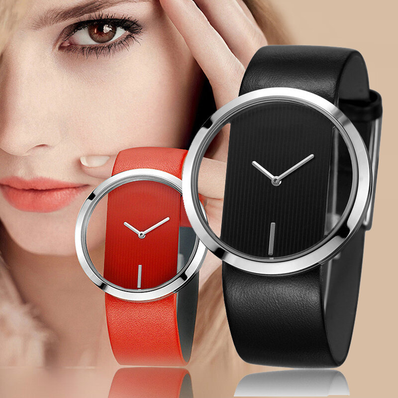 Transparente dial relógios femininos de luxo à prova dwaterproof água pulseira de couro senhoras relógio mulher vestido menina casual quartzo relógios de pulso clcok