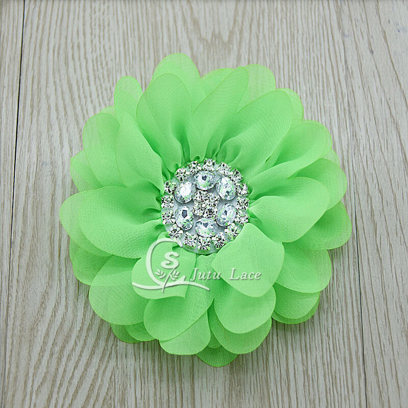 15pcs /lot Large rhinestones center shabby chiffon Flower with beads , handmade pearl center flowers in Neon color