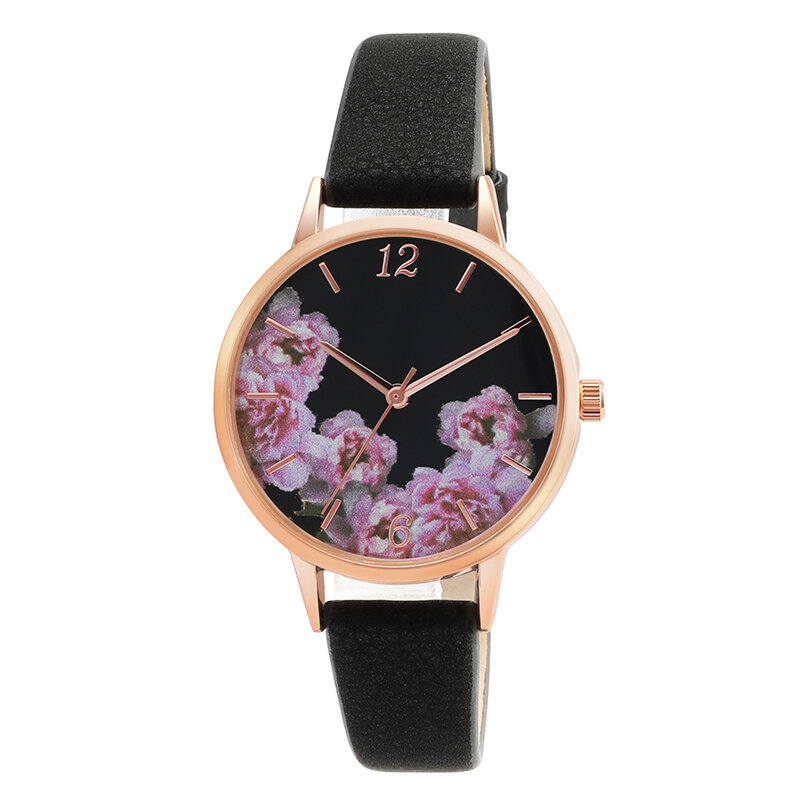 Relógios casuais femininos pu pulseira de couro estampa floral caixa redonda quartzo relógio feminino
