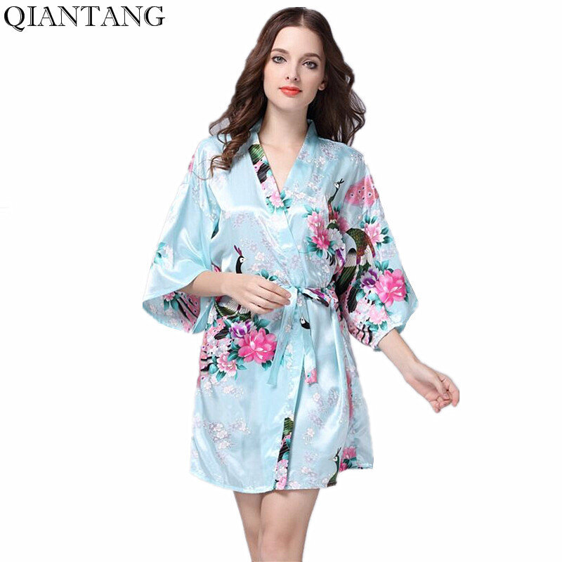 Navy Blue Women's Night Robe Kimono Female Faux Silk Bath Gown Summer Sleepwear Peafowl Size S M L XL XXL XXXL Srj01