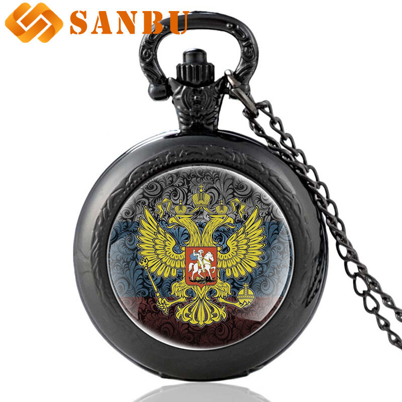 古典的なロシア国章アートガラスカボション懐中時計ヴィンテージ男性女性ブロンズクォーツネックレス時計
