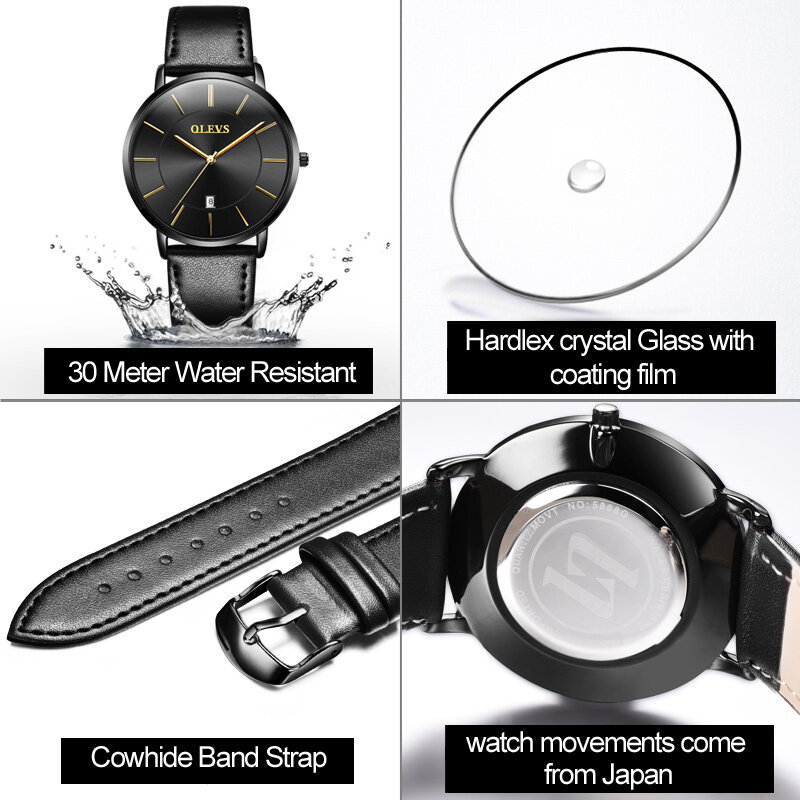 Reloj de pulsera ultradelgado de cuero negro para hombre, cronógrafo de cuarzo, informal, con fecha de negocios, resistente al agua