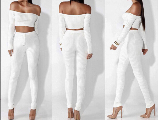 OMILKA Crop Top and Pant Set 2017 Autumn Winter Long Sleeve Off the Shoulder Bodycon Bandage Knitted Clothing Set Tracksuits