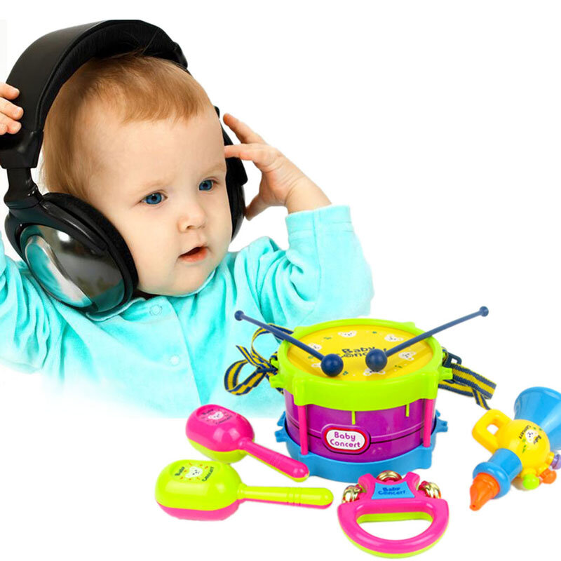 5 pçs/set Mini Rufar de tambores Instrumentos Musicais Banda Chifre Set Brinquedo Da Música Do Bebê Agarrar Mão Tambor Sino Divertido Cedo Educacional brinquedo da música