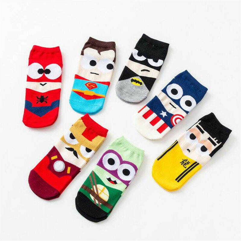 Calcetines tobilleros con dibujos de superhéroes para hombre, medias tobilleras de algodón, divertidas, estilo Harajuku, 7 colores, Kawaii, novedad