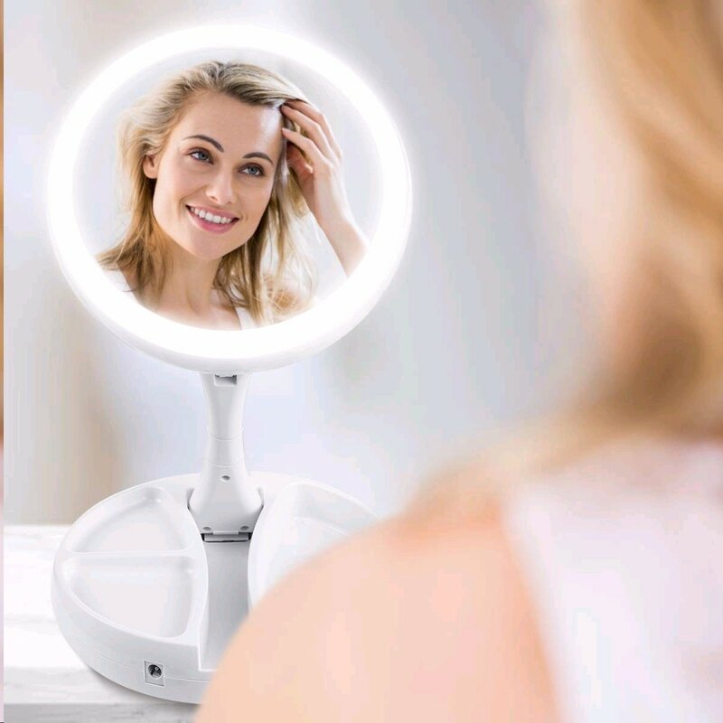 Espejo compacto para maquillaje, espejo de bolsillo con iluminación LED, espejo de mano cosmético con aumento de 10X