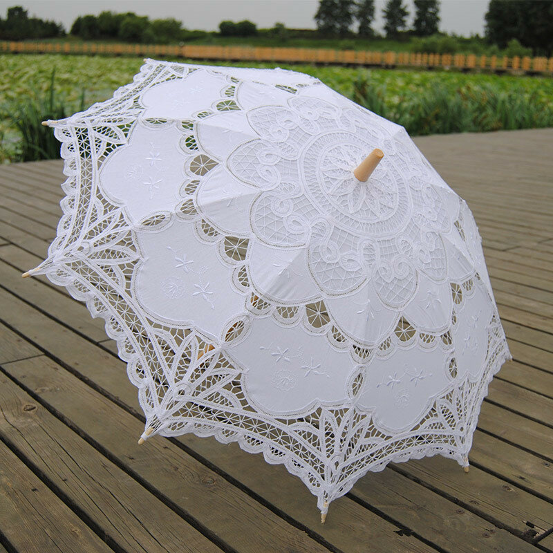 New Sun Umbrella Cotton Embroidery Bridal Umbrella White Ivory Battenburg Lace Parasol Umbrella Decorative umbrella for wedding