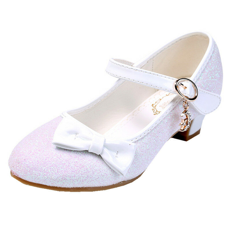 Spring Autumn Girls Leather Shoes Leather Bow-tie Kids Shoes Children High Heels Princess Party Wedding Golden White Purple Shoe