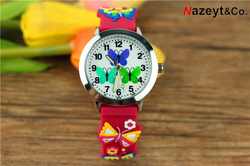 Детские наручные часы, светящиеся кварцевые часы с 3d-бабочкой и синим и зеленым рисунком из силикагеля