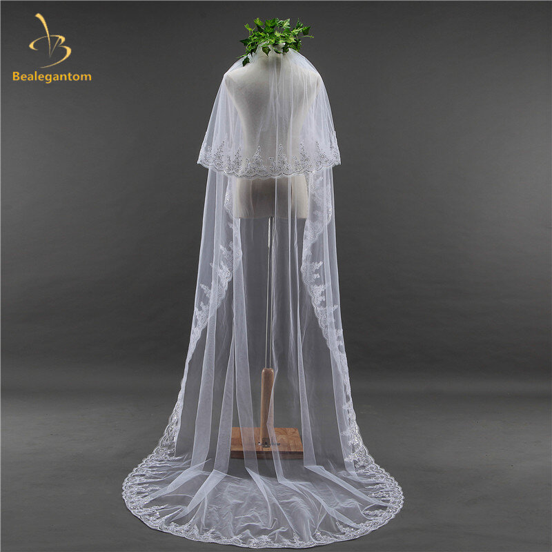Velo de novia largo de encaje blanco, velo de novia aterciopelado elegante de alta calidad, accesorios de boda baratos, Veu de Noiva QA1287, 2019
