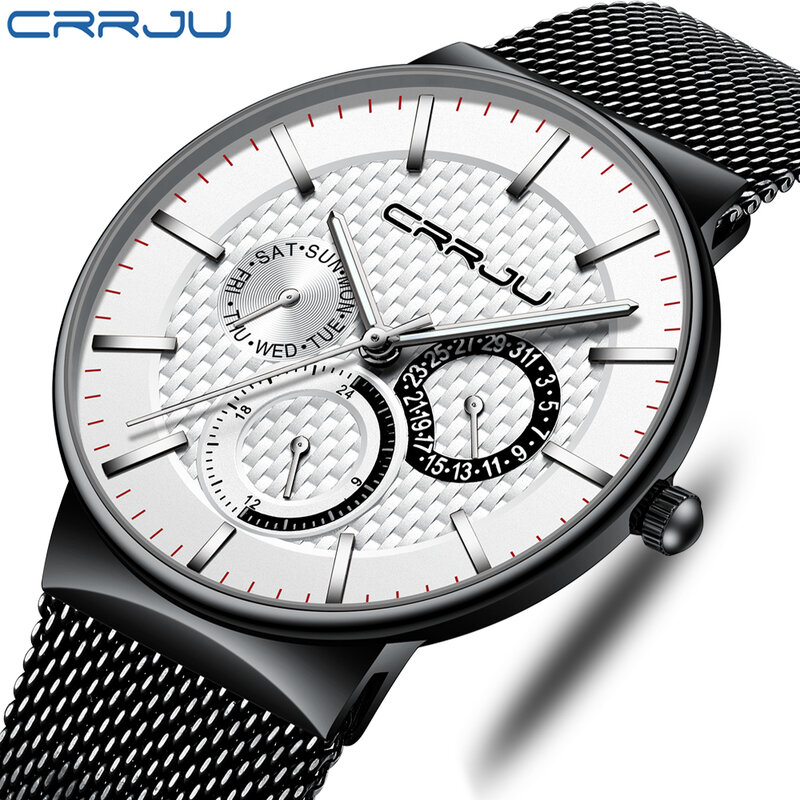 Relógio masculino luxuoso crrju, relógio de pulso minimalista impermeável com pulseira de malha fina para homens esportivos de quartzo