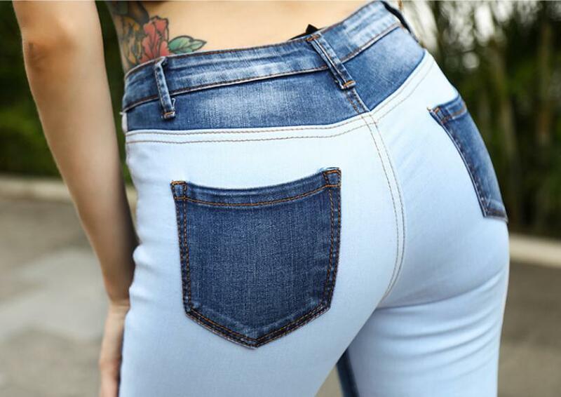 2019 Mulheres Costura Stretchy Denim Calças Calças Skinny Femininas Panelled Jeans Sexy Calças Cintura Oriente Cor Hit Calças Jeans K1004