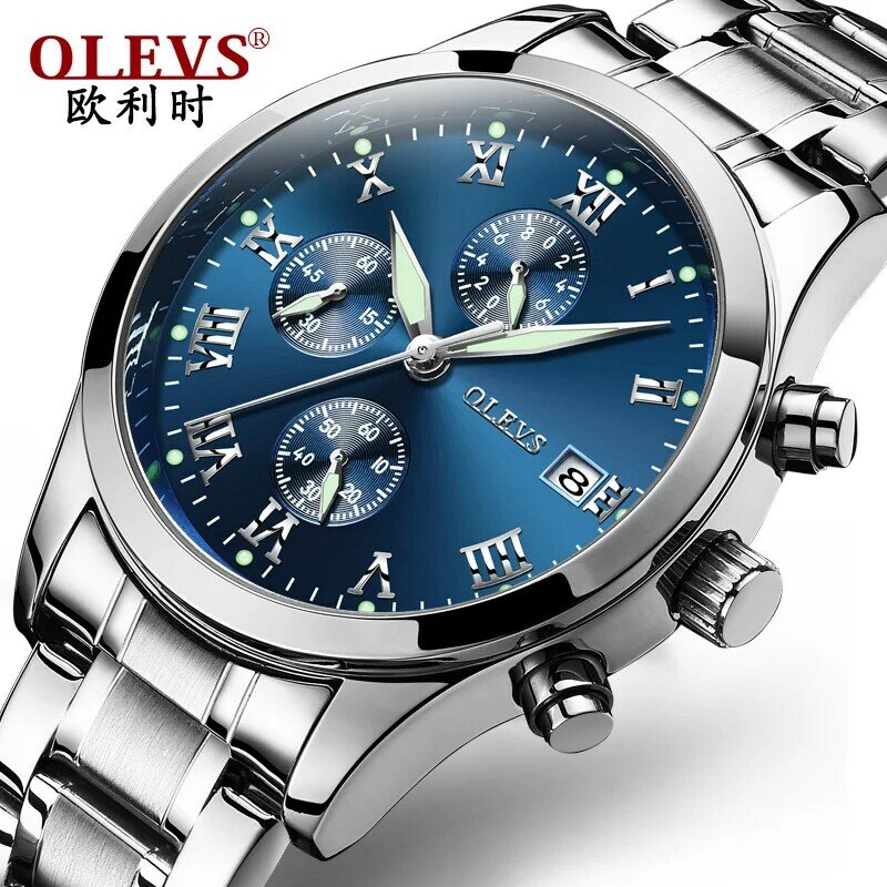 OlEVS-ساعة كوارتز فاخرة للرجال ، ساعة رجالية من الفولاذ المقاوم للصدأ ، مع مؤشر مضيء ، وظيفة تقويم مقاومة للماء