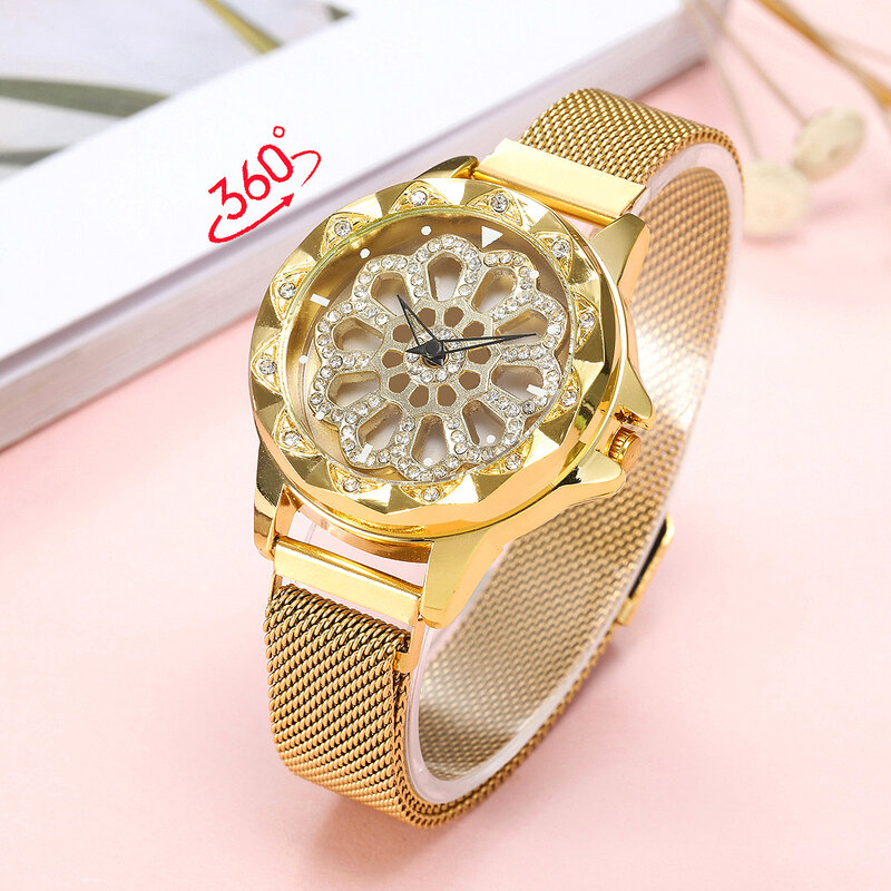 여성 시계, 메쉬 자석 360 도 회전 다이얼, 여성 시계, 럭셔리 패션 다이아몬드 쿼츠 시계, 여성 시계