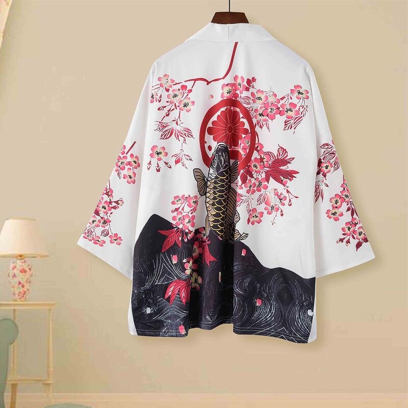 ญี่ปุ่นแบบดั้งเดิม Kimono Cardigan คู่ผู้ชายและผู้หญิง Samurai การพิมพ์มังกรบางส่วนหลวมฤดูร้อนชายหาดครี...
