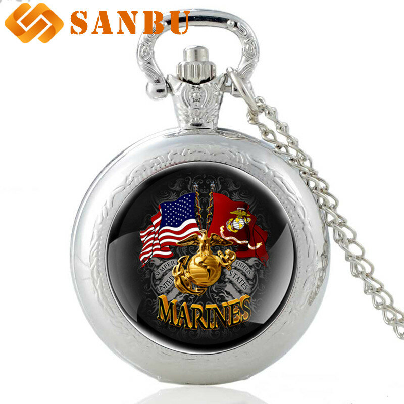 Новые поступления, кварцевые карманные часы с флагом морской пехоты США, винтажные мужские и женские часы с бронзовым кулоном, ожерелье, ант...