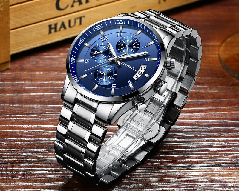 CRRJU haut de gamme marque de luxe haute qualité chronographe hommes montre d'affaires étanche plein acier montre à Quartz hommes Relogio Masculino